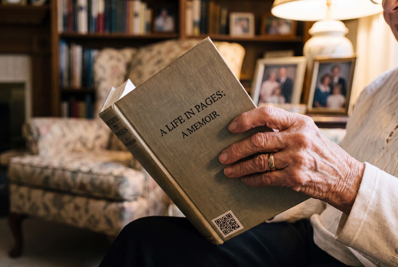 An older person holding an open, finished memoir with a QR code printed on the page, family photographs behind them.