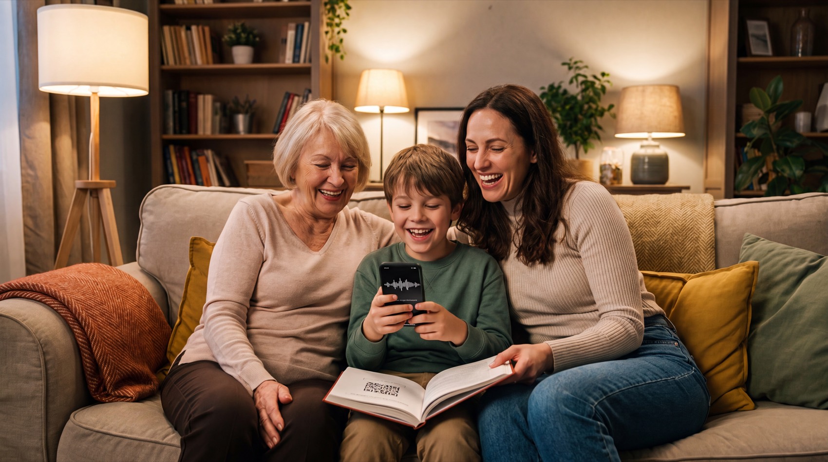 A grandmother, a mother and a young boy on a sofa, smiling as they listen to a recorded story on a phone with an open memoir on their laps.