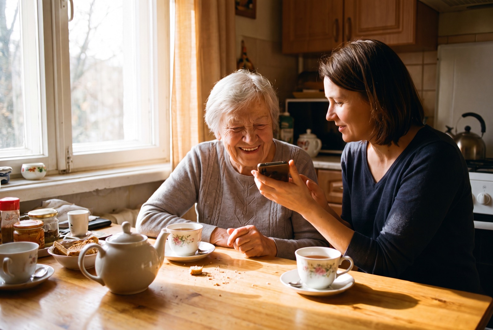 A daughter and her mother laughing together at a sunlit kitchen table, recording a story on a phone.